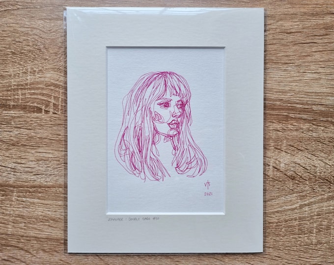 Original art continuous line drawing 'Jennifer' - Doodle Babes series - size 10" x 8" with mount - freehand pink woman illustration