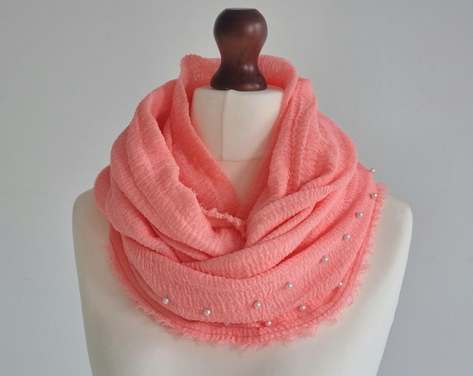 Handmade coral muslin cheesecloth cowl infinity scarf with pearls