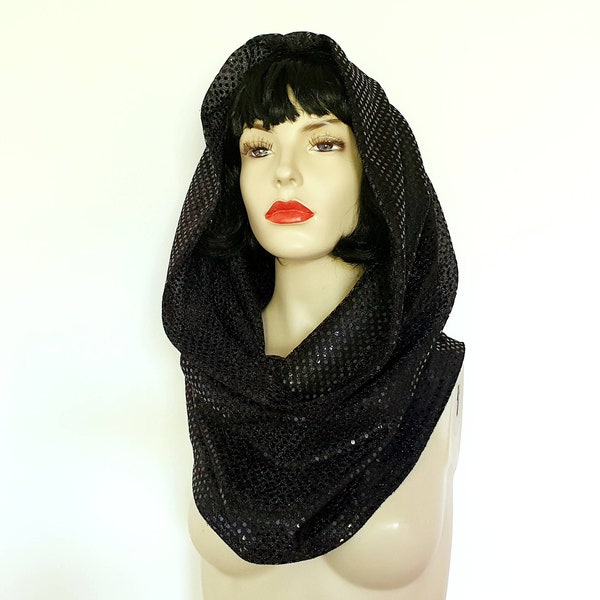 Sequin black hood scarf snood handmade Empress cowl