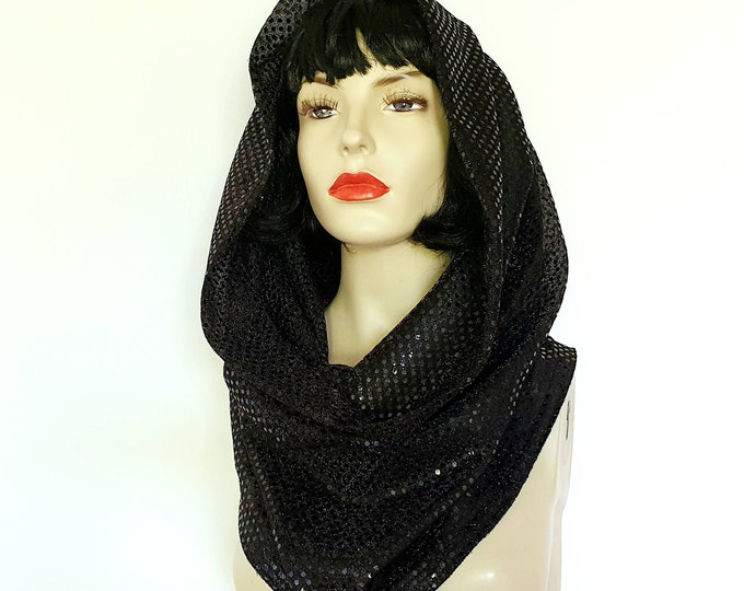 Sequin black hood scarf snood handmade Empress cowl