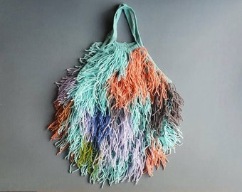 Handmade mint shaggy sustainable shopper string market bag with lilac grey blue green yellow beige peach fringe