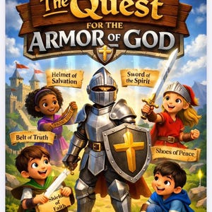 May include: A colorful illustration titled "The Quest for the Armor of God." It features a knight in shining armor surrounded by children holding items labeled "Helmet of Salvation," "Sword of the Spirit," "Belt of Truth," "Shield of Faith," "Shoes of Peace," and "Breastplate of Righteousness."