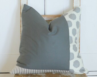 Modern Pillows, Urban Farmhouse, Ticking Stripe, Decorative Pillow, Throw Pillow, Toss Pillow, Grey Pillows, Green Grey  Pillows, Polka Dots