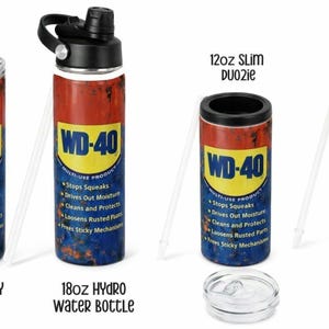 May include: A collection of WD-40 themed drinkware, including a 20oz skinny tumbler, an 18oz hydro water bottle, and 12oz slim and thick DuoZies. The items feature a red, yellow, and blue design, with the WD-40 logo and product information.