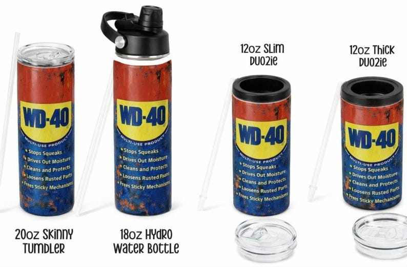 May include: A collection of WD-40 themed drinkware, including a 20oz skinny tumbler, an 18oz hydro water bottle, and 12oz slim and thick DuoZies. The items feature a red, yellow, and blue design, with the WD-40 logo and product information.