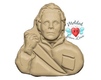 May include: A beige 3D printed bust of a character from a horror movie. The character is wearing a hooded jacket and holding a knife. The bust is molded from love.