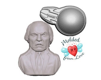 May include: A light gray bust of a man in a suit, with a stern expression. Beside it is a silver-colored, abstract shape. The image includes a logo with a red heart, blue wings, and the text "Molded from Love."