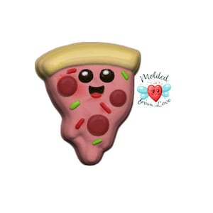 May include: A pink and yellow pizza slice with a smiling face, pepperoni, green and red sprinkles, and the text "Molded from Love" with a heart.