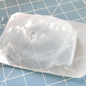 May include: A clear, molded plastic object, possibly a craft mold, in a sealed package. The object has a rounded shape with facial features. The packaging is a clear, thin plastic with a grid pattern.