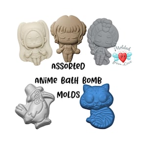 May include: Assorted anime bath bomb molds in various designs, including a girl with pigtails, a girl with a bob, a girl with a braid, a bird, and a blue cat. The text "ASSORTED" and "ANIME BATH BOMB MOLDS" are displayed.