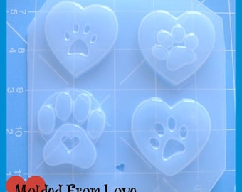 4 Different Paw Print Hearts Pallet Handmade Plastic Mold