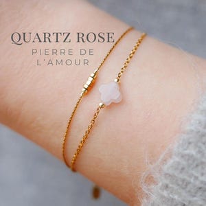 Bracelet trèfle quartz rose et hématite, double rang, acier inoxydable, cadeau femme anniversaire