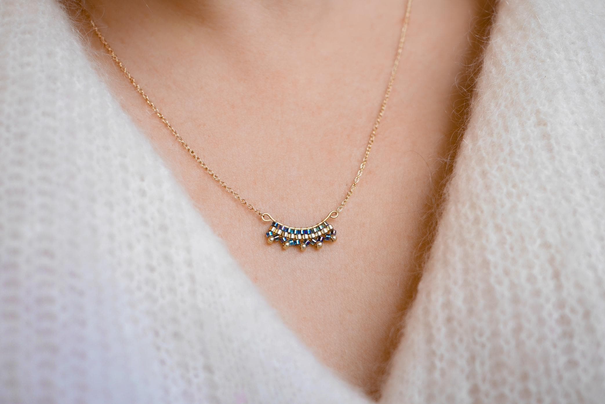 Collier En Perles Rocaille Miyuki Et Perle De Tahiti Synthétique - Laiton Doré à L'Or, Bleu Vert