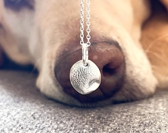 Pode incluir: Um colar de prata com um pequeno pingente circular que apresenta uma superfície texturizada e orgânica. O pingente está suspenso numa delicada corrente de prata, exibindo um acabamento metálico e uma borda subtilmente irregular e distinta.