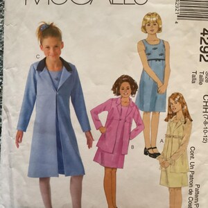 McCalls 4292, Vintage Sewing Pattern, Girls Unlined Jacket in 2 lengths & Dress,Size 8-10-12, Cut on size 12, Complete