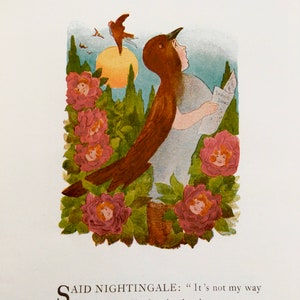 Bird Children, Nightingale/Peacock, 2-Sided Vintage Bookprints for Framing by Elizabeth Gordon, 1912