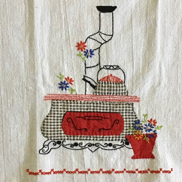 Vintage Appliqued and Embroidered Cotton Blend Kitchen Dish Towel, 16.5 wide x 24” long, Collectibles, Stove, Planter, Kettle