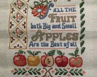 Vintage Counted Cross Stitch Sampler, APPLES, Needlecraft, Kitchen Decor, Unframed, Embroidery, Crafting