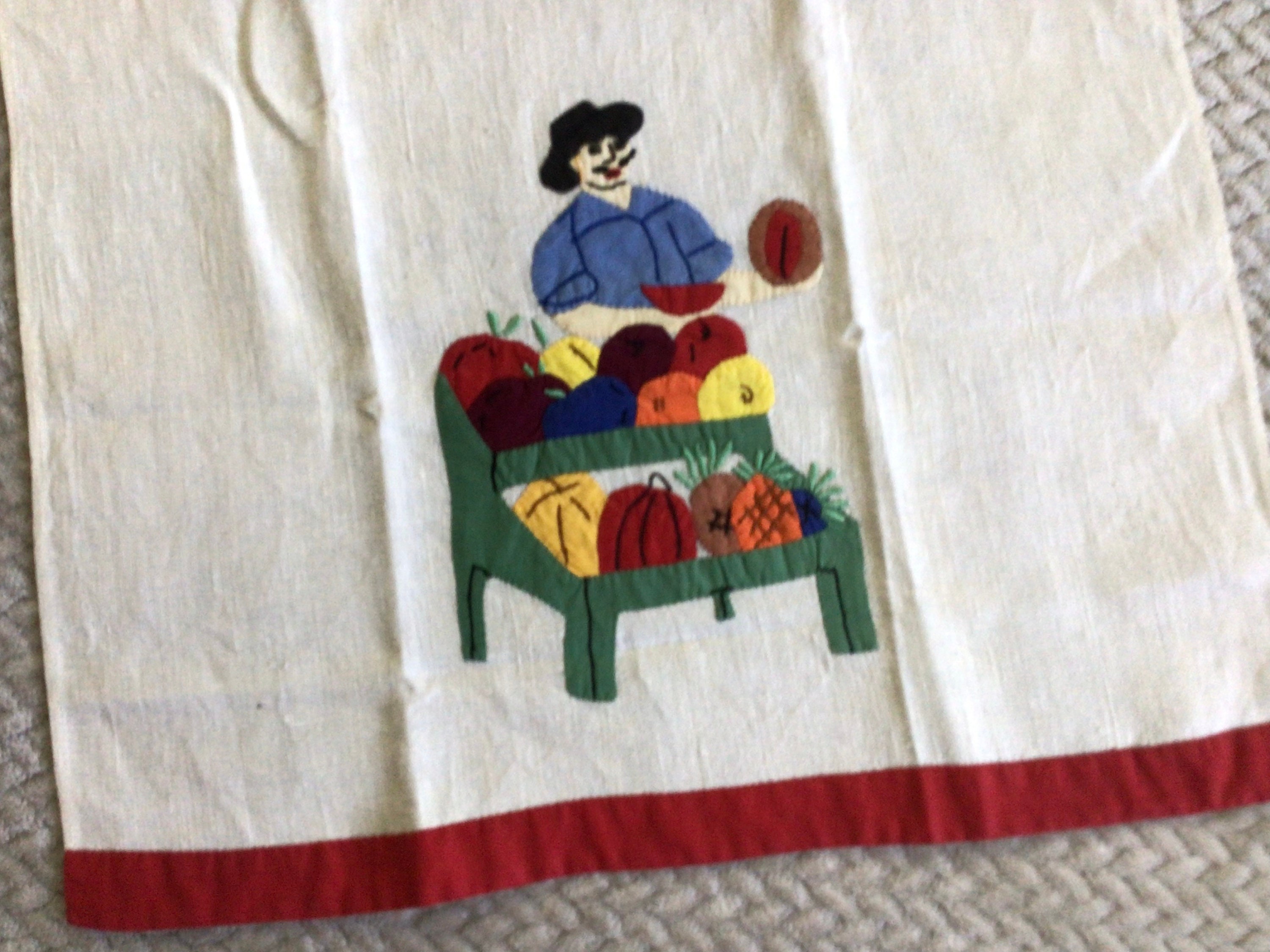 Vintage Appliqued and Embroidered Linen Kitchen Dish Towel, Man Selling