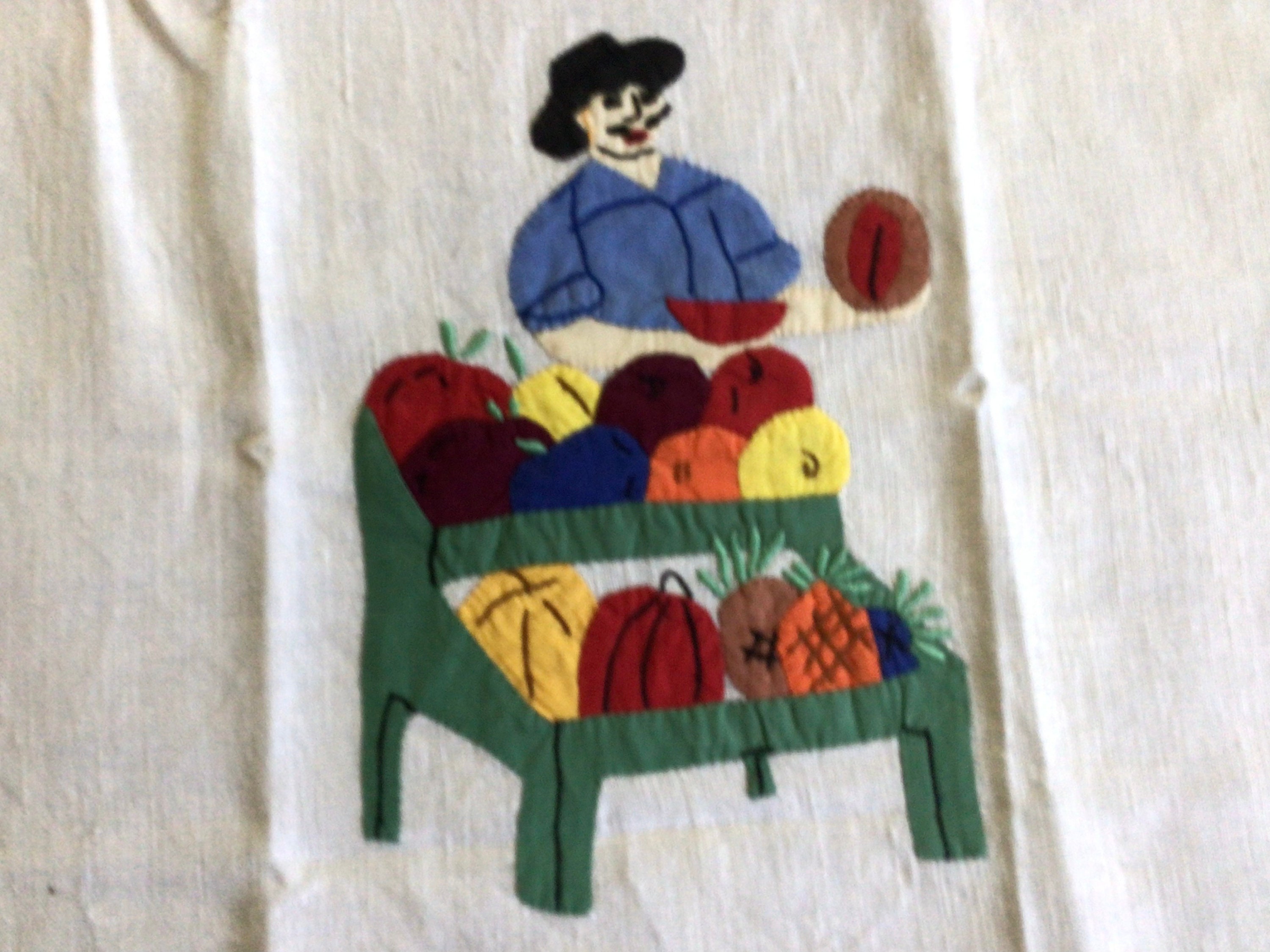 Vintage Appliqued and Embroidered Linen Kitchen Dish Towel, Man Selling