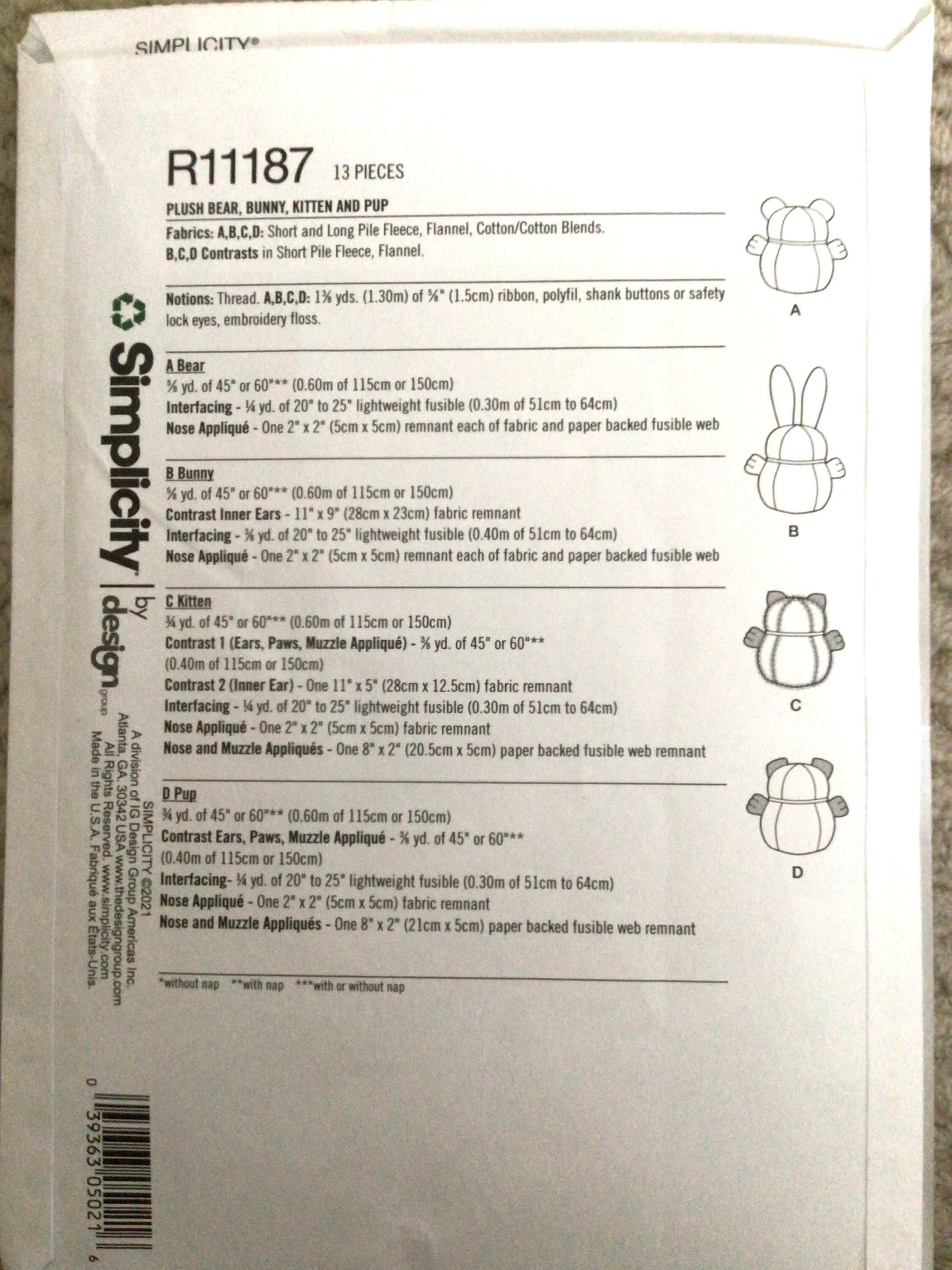 Simplicity Pattern R11878 Simplicity R11187, Uncut Sewing Pattern, Animal Plush Pillows, Bear ...
