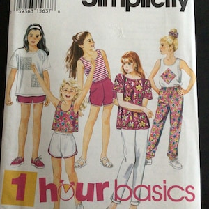 Simplicity 9075, Uncut Sewing Pattern, Girls Pants or Gym Shorts, Tank Top, Tshirt Top, Size 7-8-10, 1994