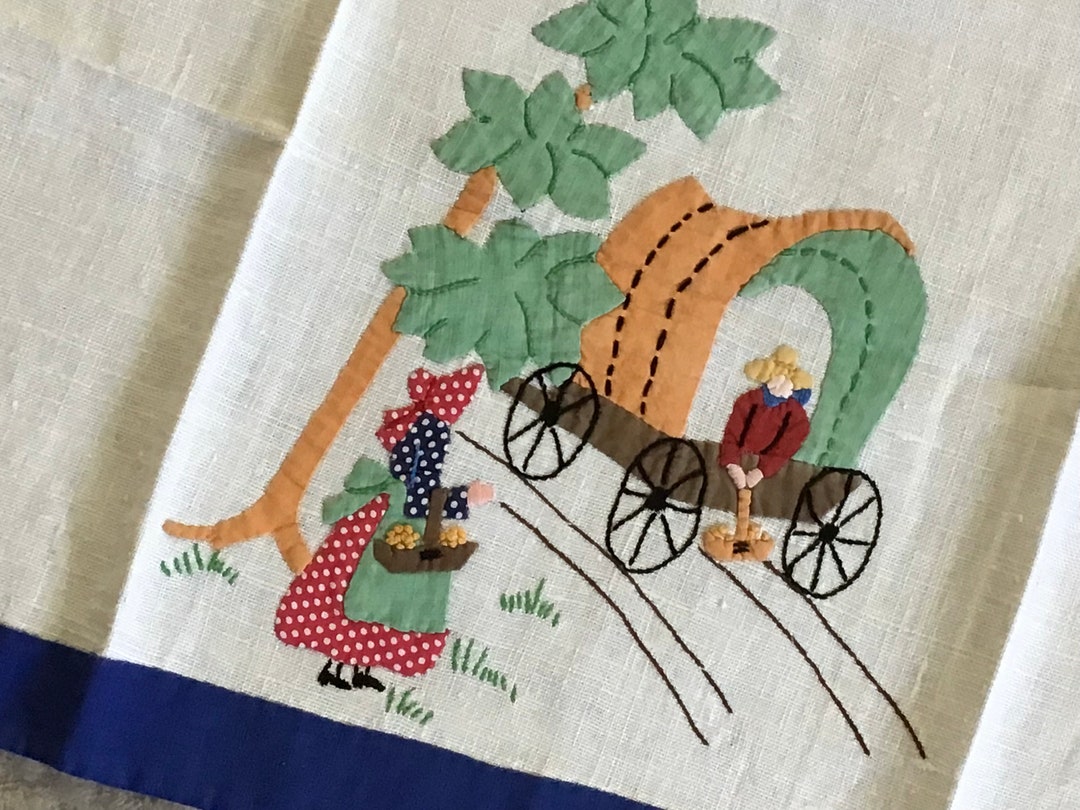 Vintage Appliqued and Embroidered Linen Kitchen Dish Towel, Covered