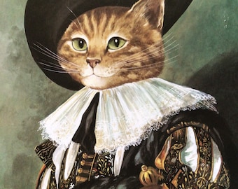 Susan Herbert, The Laughing Cavalier, Cat Art, Spoof on Fine Art, 1990s, Bookpage Prints for Framing