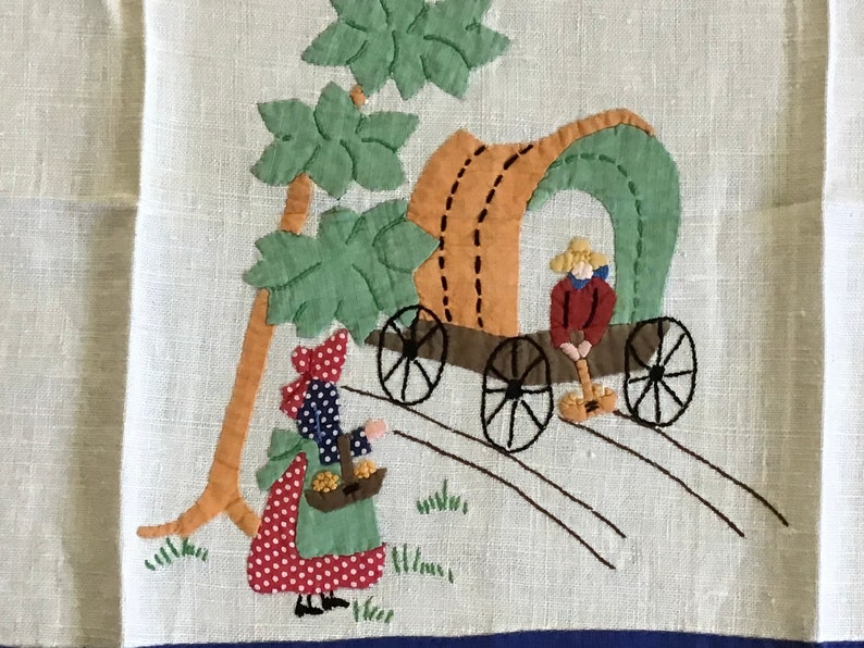 Vintage Appliqued and Embroidered Linen Kitchen Dish Towel, Covered