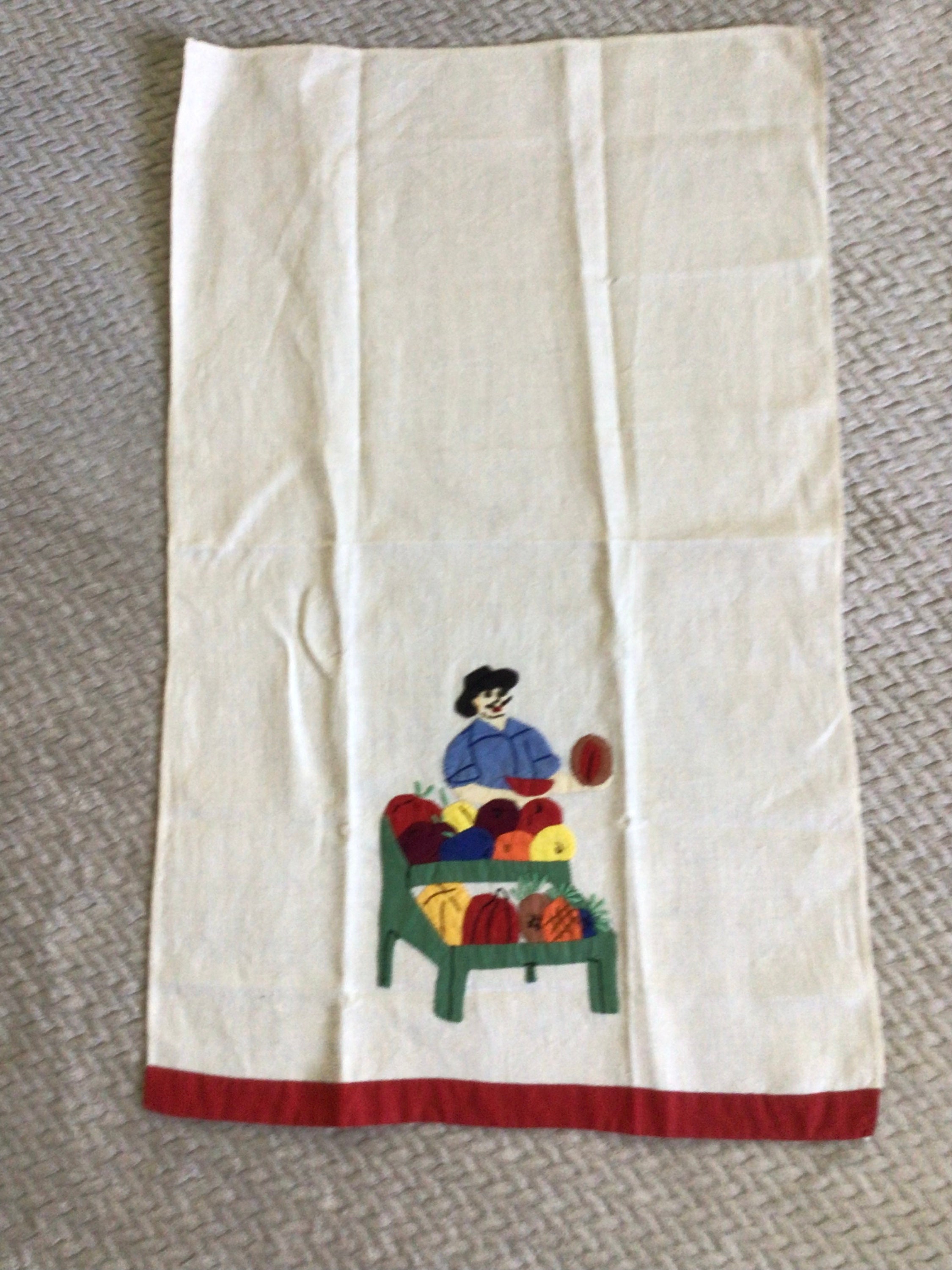 Vintage Appliqued and Embroidered Linen Kitchen Dish Towel, Man Selling