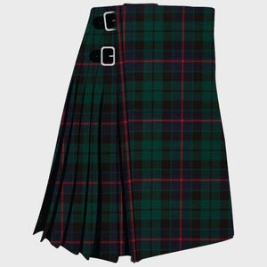 May include: A green, black, and red tartan kilt with a black leather strap and two silver buckles.