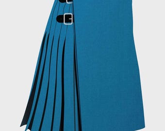 May include: A teal kilt with black pleats and silver buckles. The kilt is made of a textured fabric and features two adjustable straps with buckles. The pleats are visible on the left side of the kilt.
