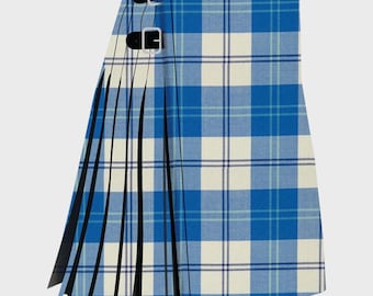 Royal Blue Tartan Kilt: 8 Yard Acrylic Wool, Leather Straps