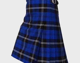 May include: A blue and black tartan kilt with a black leather belt and buckle.
