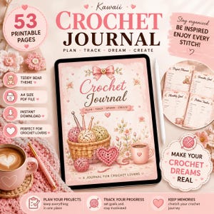 以下が含まれることがあります： タブレット画面に表示されたデジタルかぎ針編みジャーナル。ピンクを基調とし、バスケットに入った毛糸玉、ハート、花のイラストが描かれています。テキストには「Crochet Journal, Plan, Track, Dream, Create」および「53 Printable Pages」と記されています。
