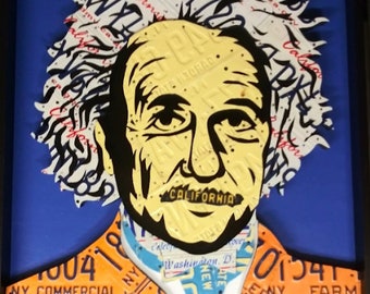 May include: A portrait of a man with a white and blue patterned hair made of license plates. The man's face is yellow and his beard is black. The background is blue. The man is wearing a shirt made of license plates with the text "CALIFORNIA" on it.