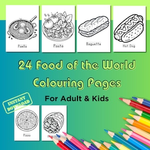 24 Food Coloring Pages with cover | Digital Download Printable PDF | Coloring pages for Adults Teens Kids | Stress Relief Coloring Busy Book