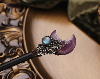 Ebony Moon Hair Stick with Amethyst or Quartz  Brass  Labradorite Accents Handmade Crystal Hairpin Crescent Moon Hair Accessory