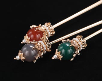 Lotus Achat Haarstab, Gold Messing Chinesische Haarnadel