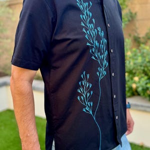 Embroidered Guayabera Shirt: Men’s Black Short Sleeve with Blue Floral Stitch