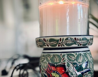 Mexican Candle Holder Ceramic, Decorative Candle Stand, Housewarming Gift, Artisanal Hand Painted Decoration, Butterfly and Hummingbird