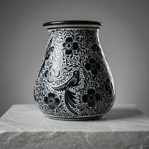 May include: A black and white ceramic vase with a floral and bird design. The vase has a wide body and a narrow neck. The intricate pattern features flowers and birds, creating a decorative piece for home decor.