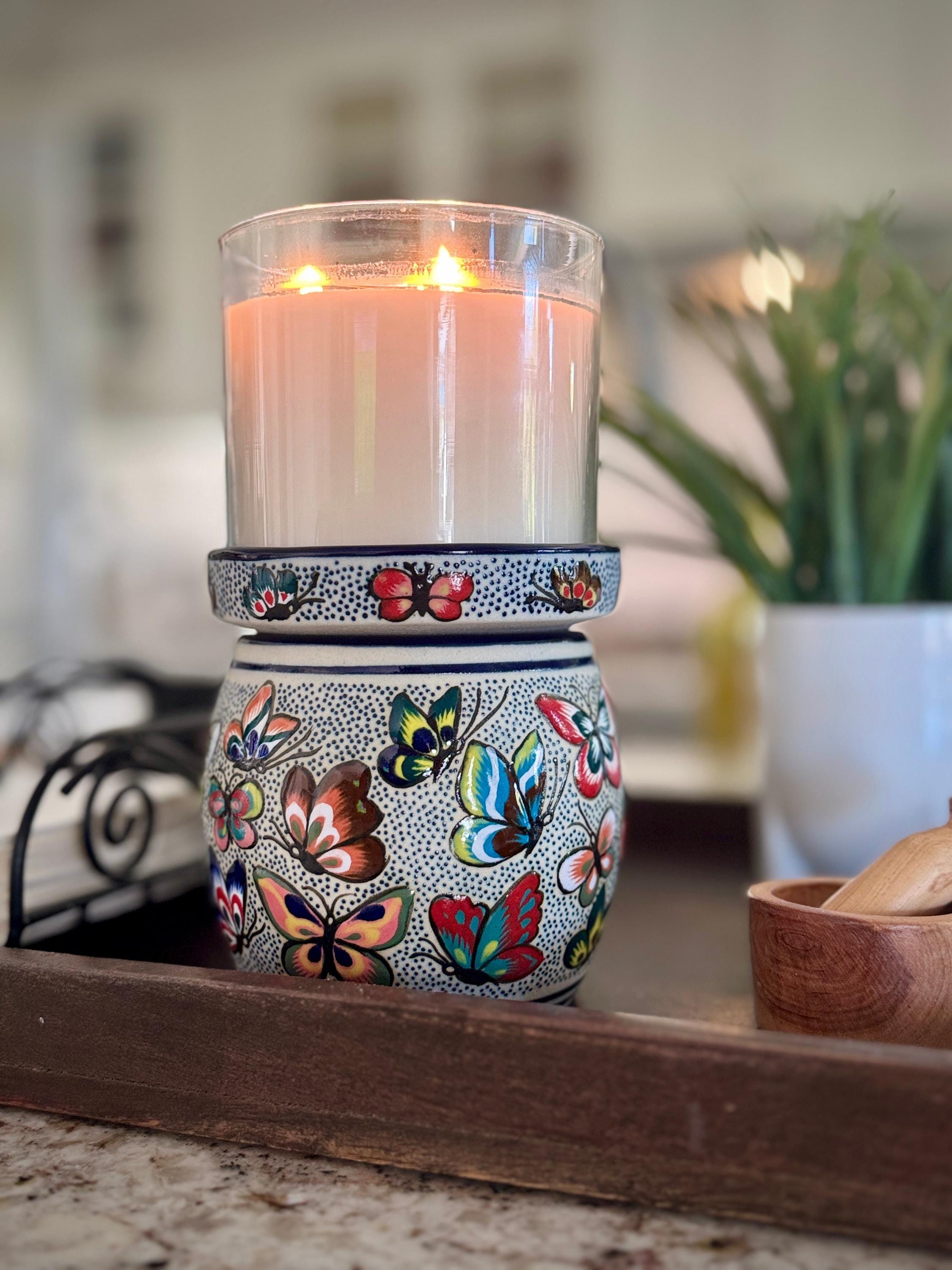 Mexican Candle Holder Talavera Style, Ceramic Pottery Folk Art Decor