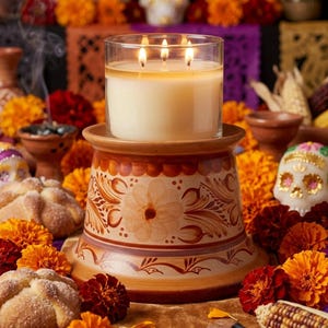 May include: A lit, three-wick candle in a clear glass container sits atop a decorative, ceramic candle holder. The holder is tan with floral and leaf designs. The candle is surrounded by orange and red flowers, bread, and a sugar skull.
