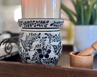 Mexican Candle Holder Talavera Style, Ceramic Pottery Folk Art Decor, Butterfly and Hummingbird Planter, Handmade Mexican Gift for Mom