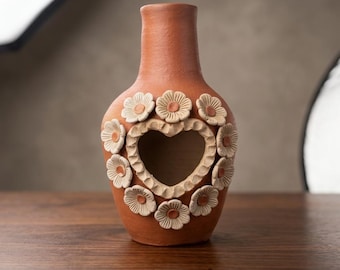 Handmade Oaxacan Clay Incense Burner, Santa Maria Atzompa Pottery, Heart Candle Holder, Dia de los Muertos Decor