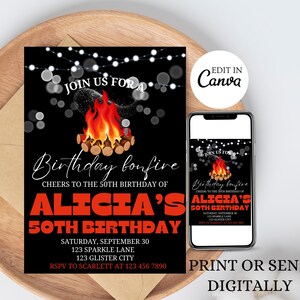 Könnte beinhalten: Eine schwarze und rote Geburtstagseinladung mit einer Grafik eines Lagerfeuers. Der Text lautet "Schließen Sie sich uns zu einem Geburtstagsfeuer an.  Zum 50. Geburtstag von Alicia. Samstag, 30. September, 123 Sparkle Lane, 123 Glister City. RSVP an Scarlett unter 123 456 7890."
