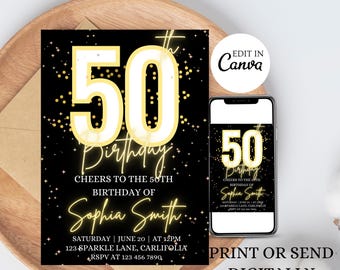 Invitación digital para el 50.° cumpleaños de una mujer, invitación editable para el 50.° cumpleaños de Evite, invitación virtual rústica para una fiesta de cincuenta años para ella, invitación de cumpleaños para ella