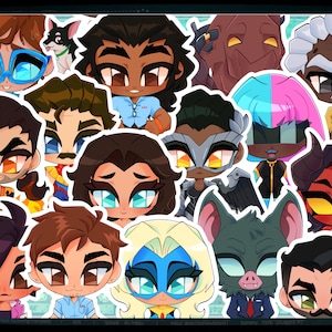 Puede incluir: Una colección de pegatinas de personajes de dibujos animados coloridos. Las pegatinas presentan varios personajes con diseños únicos, incluyendo un murciélago con traje, una superheroína con máscara y un diablo con cuernos. Los personajes tienen ojos grandes y rasgos estilizados.