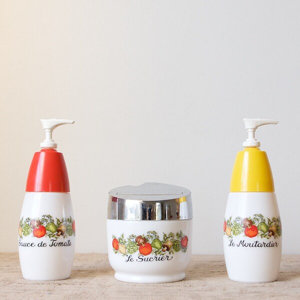 Vintage Gemco Spice Excitement Set- Milk Glass Sugar Bowl, Ketchup/Mustard Dispensers